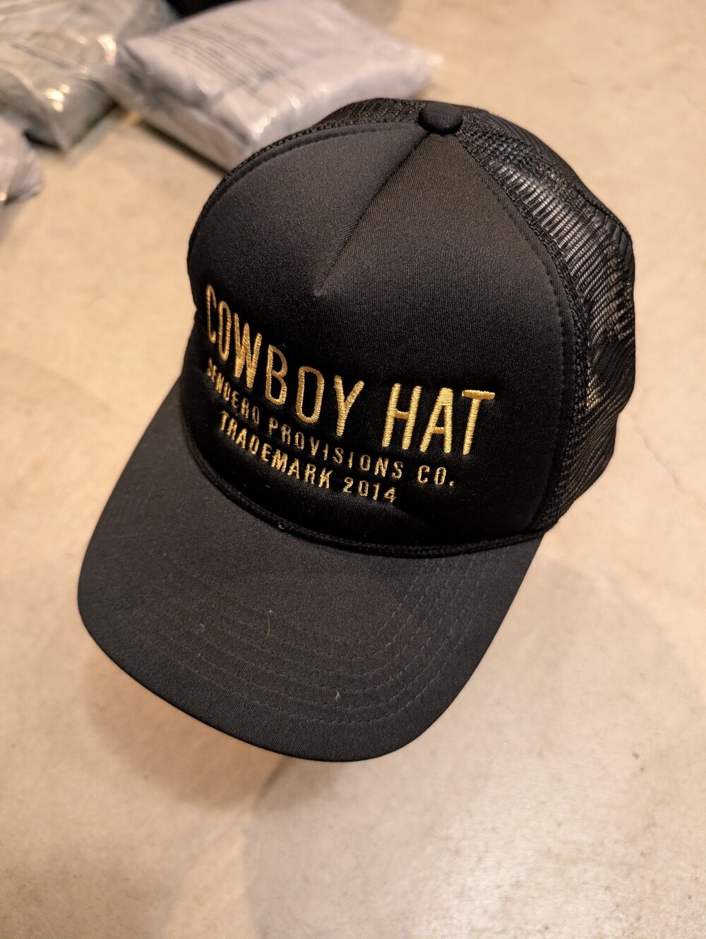 COWBOY HAT Trucker Cap - Black with Gold Embroidery Sendero Provisions Snap Back